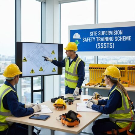 SSSTS (Site Supervision Safety Training Scheme)/. Three people being trained in a classroom wearing hard hats