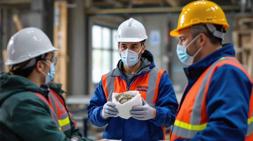 Three people attending an asbestos awareness course with TVCTA. They are weating hard hats and masks.