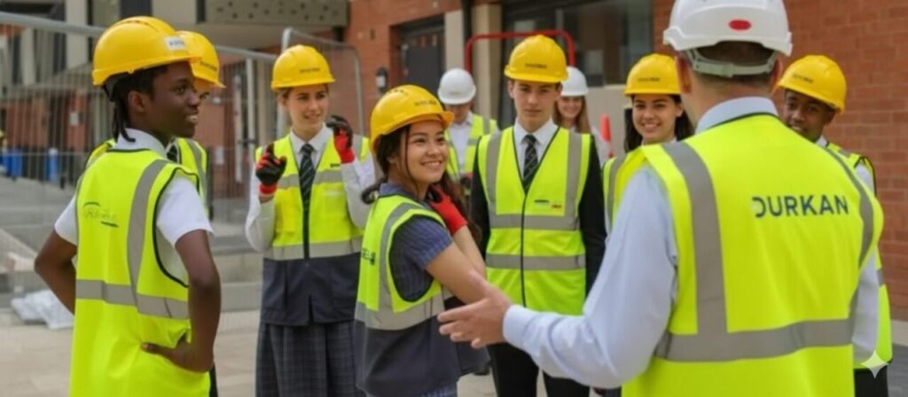 An adult, seen from behind, in a 'DURKAN' branded safety vest and white hard hat, gesturing and speaking to a group of smiling and attentive students, who are all dressed in yellow hard hats and safety vests, on a sunny construction site.