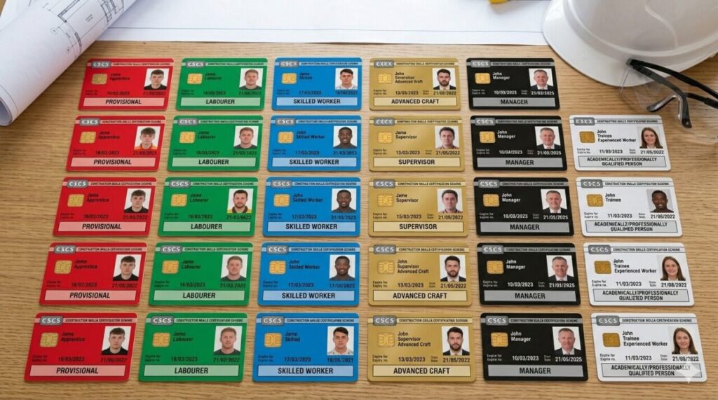 All coloured CSCS cards laid out on a table
