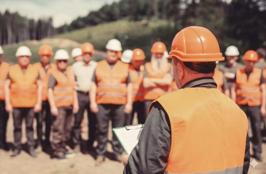 Construction workers standing in a group wearing orange vests and orange hard hats