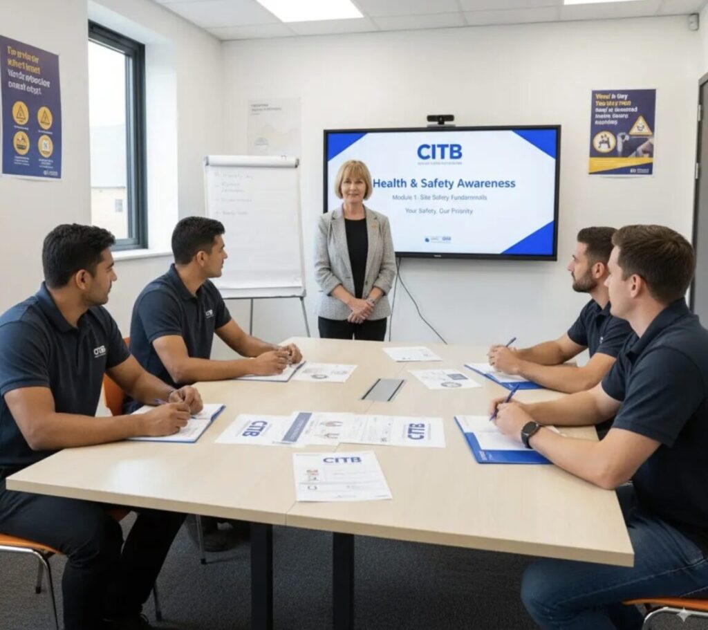 Men sitting round a table in a classroom for CITB health and safety class