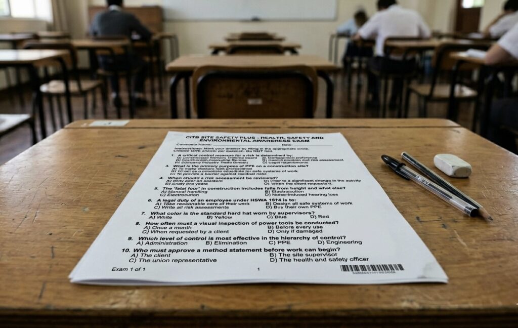 CITB Health and Safety Awareness multiple choice exam paper on a wooden desk