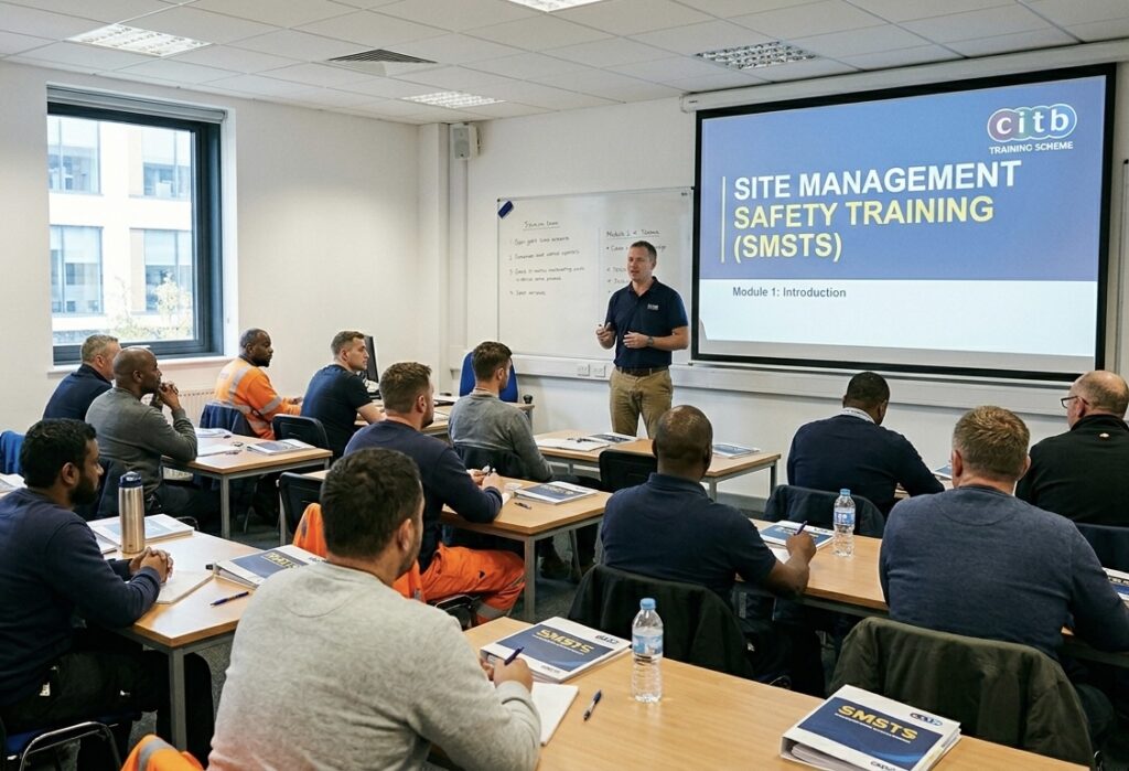 classroom full of people with main whiteboard reading site management safety training scheme (smsts)