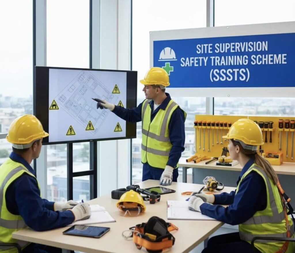 classroom full of people with main whiteboard reading site supervision safety training scheme (sssts)