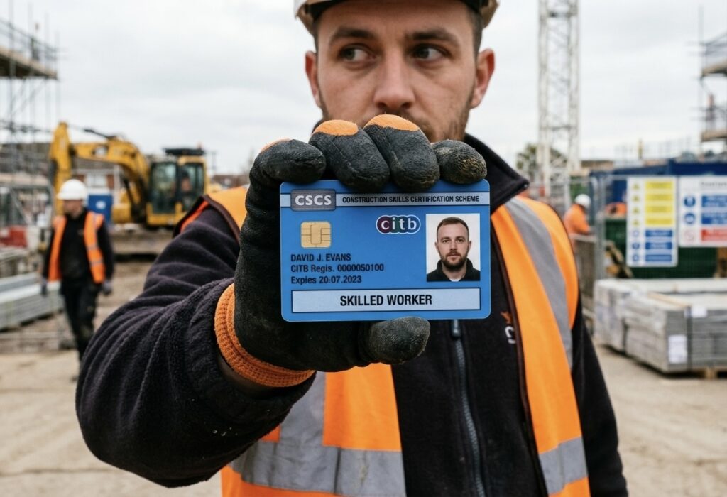 Construction worker holding up his blue CSCS card